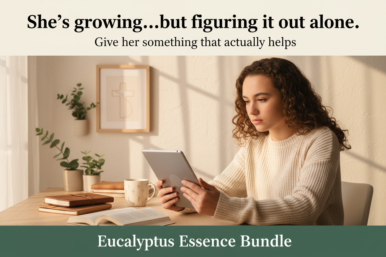 Young teenage girl using a tablet at a desk with text about an Eucalyptus Essence Bundle.