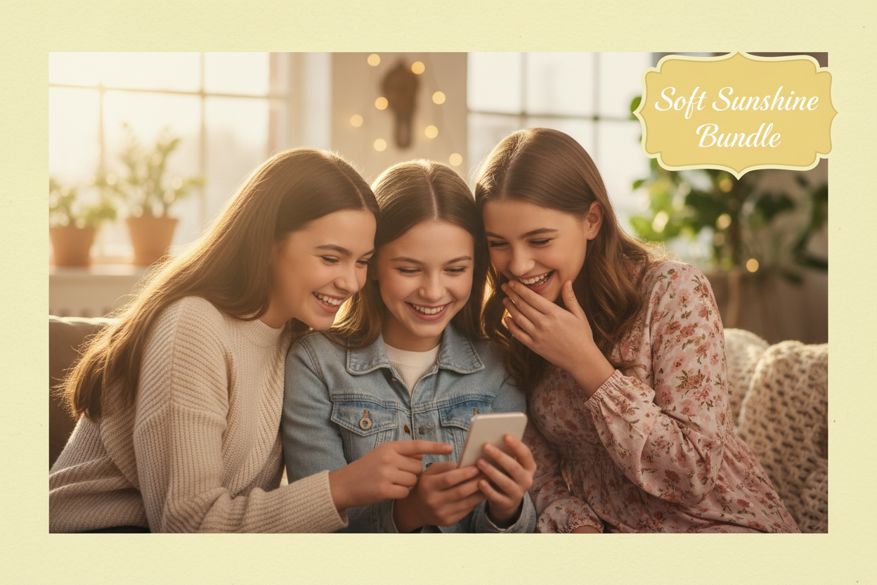Three young girls laughing together, looking at a phone in a cozy room with soft lighting.