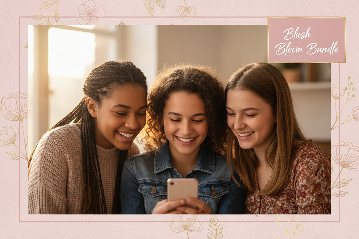 Three young girls looking at a phone together with a 'Blush Bloom Bundle' label.