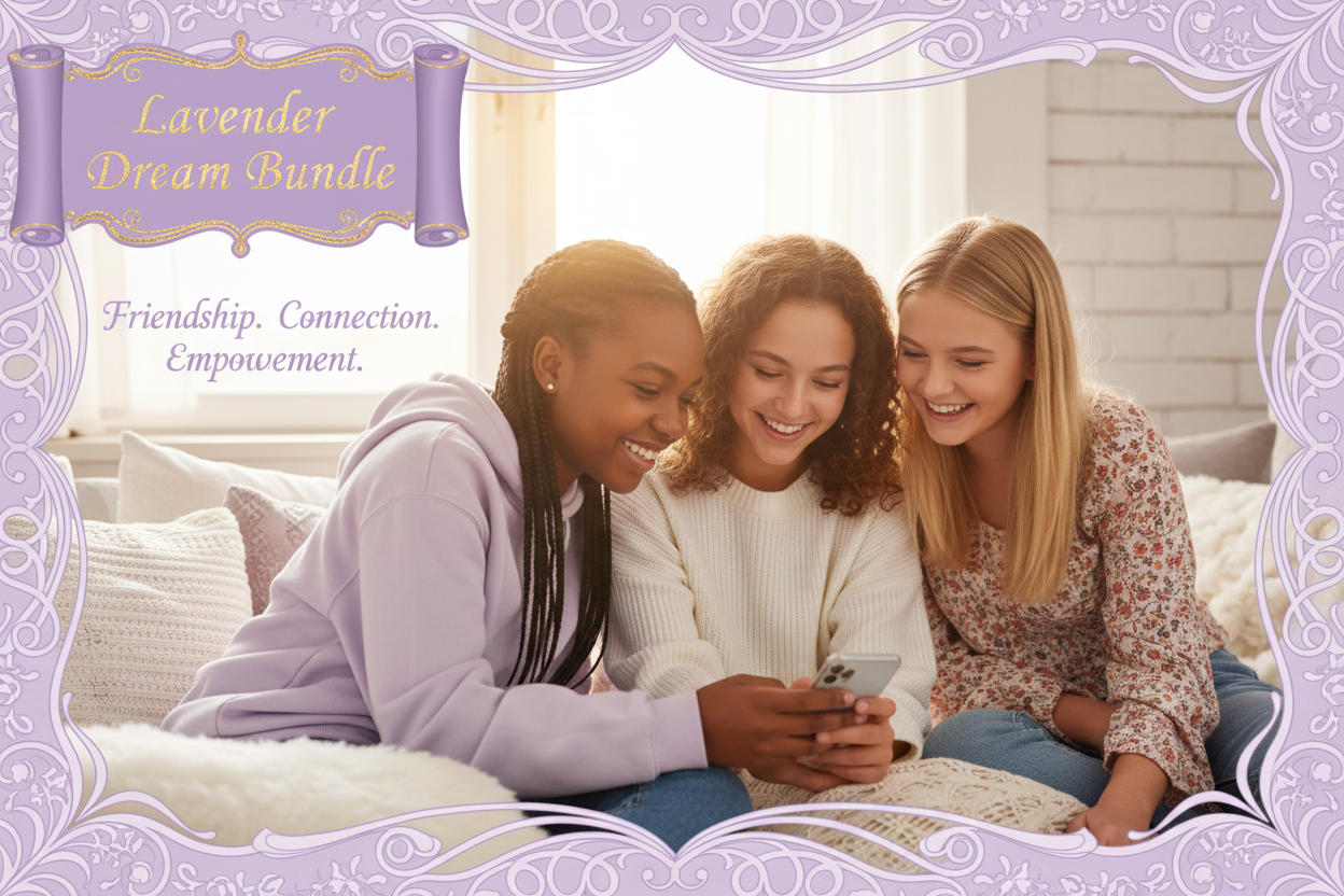 Three young girls looking at a phone together with a decorative border and text overlay.