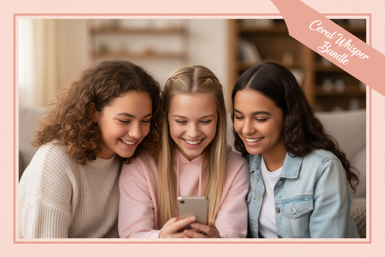 Three young girls looking at a phone together, framed with a pink border and 'Coral Whisper Bundle' text.