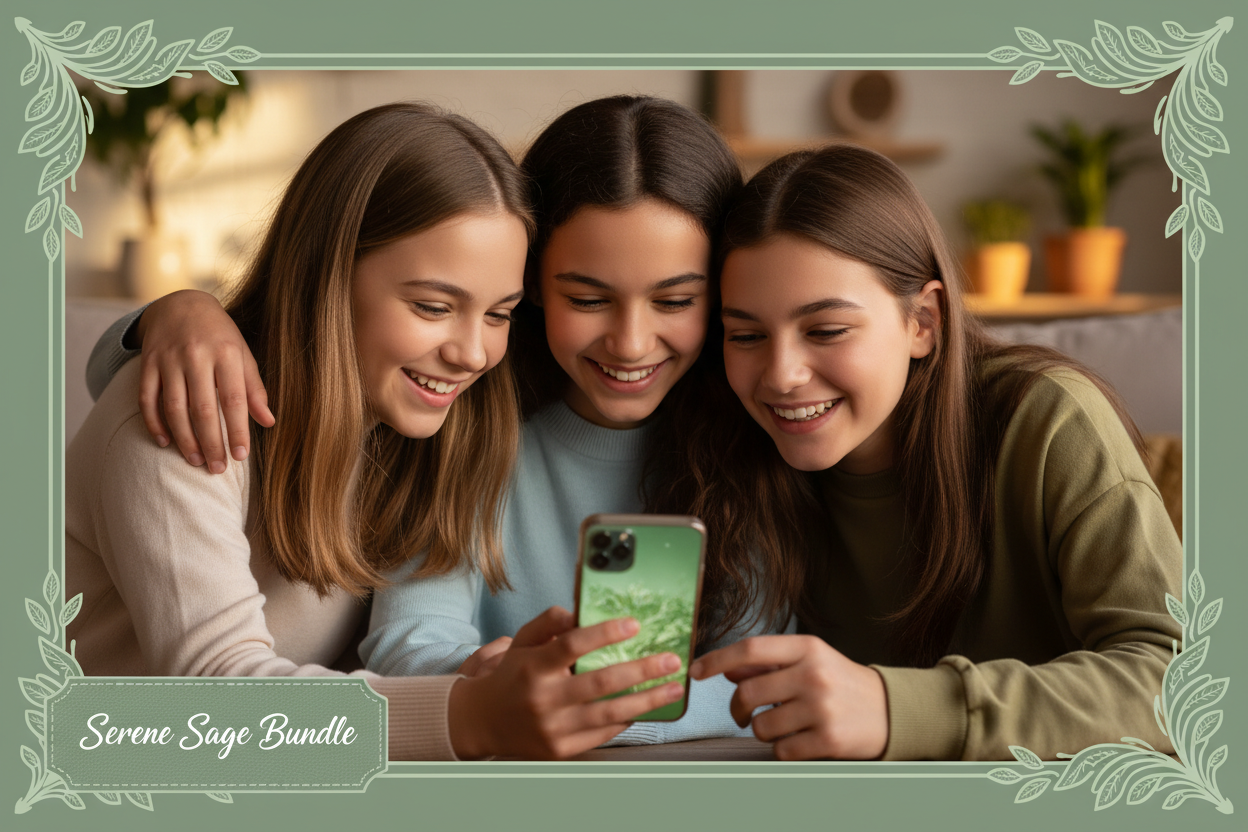 Three young girls looking at a mobile phone together