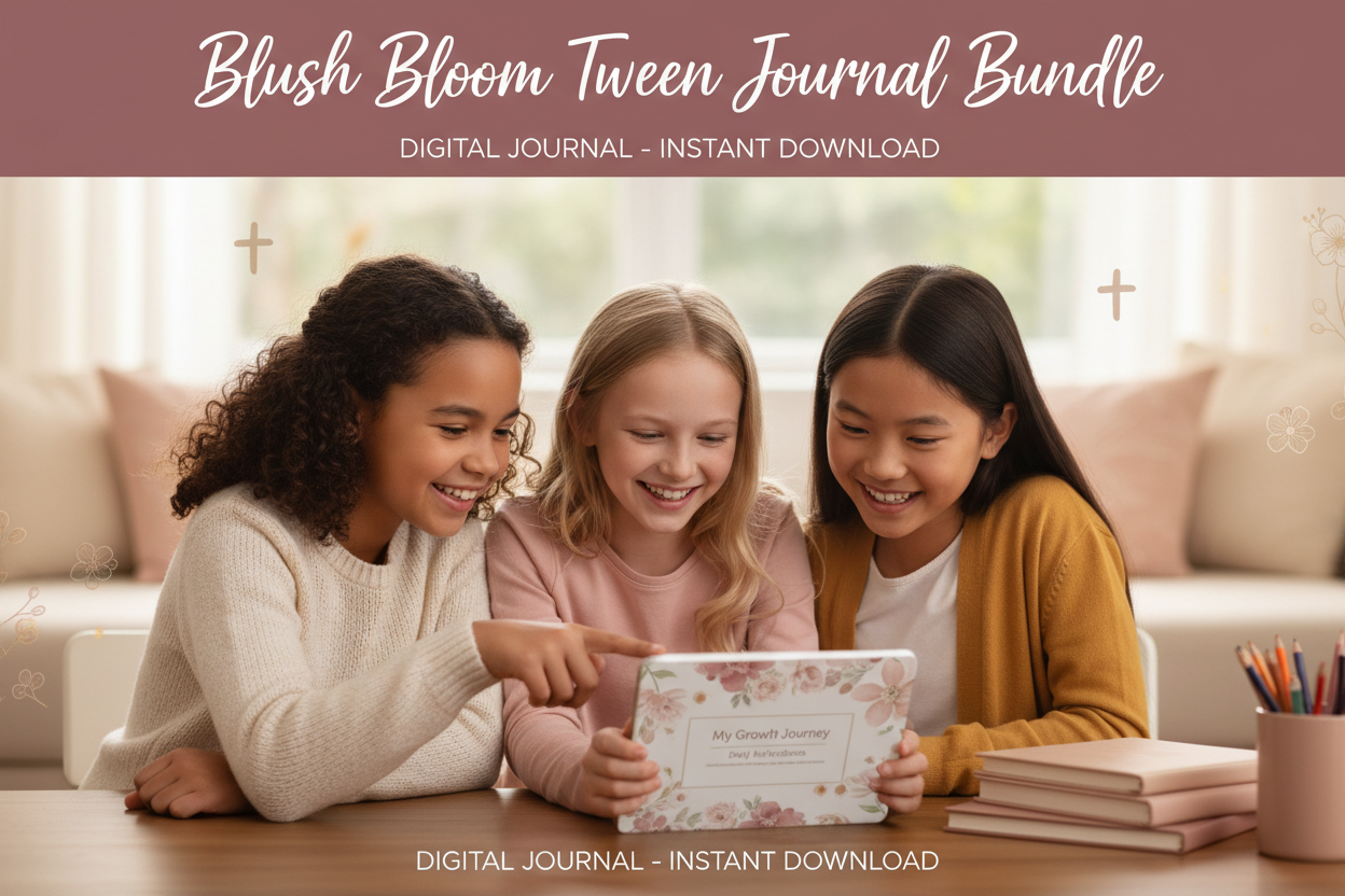 Three young girls looking at a tablet together with promotional text for a Blush Bloom Tween Journal Bundle.
