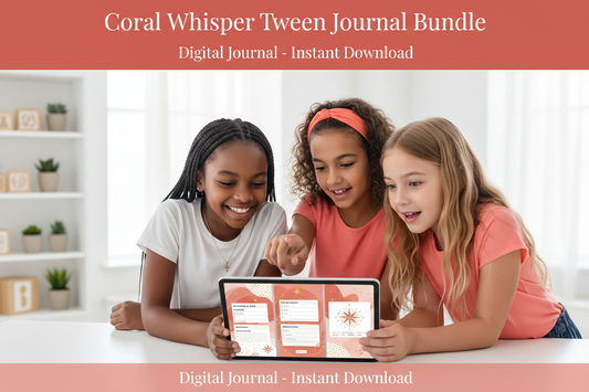 Three young girls looking at a digital device with a coral-themed design, promoting a digital journal bundle.