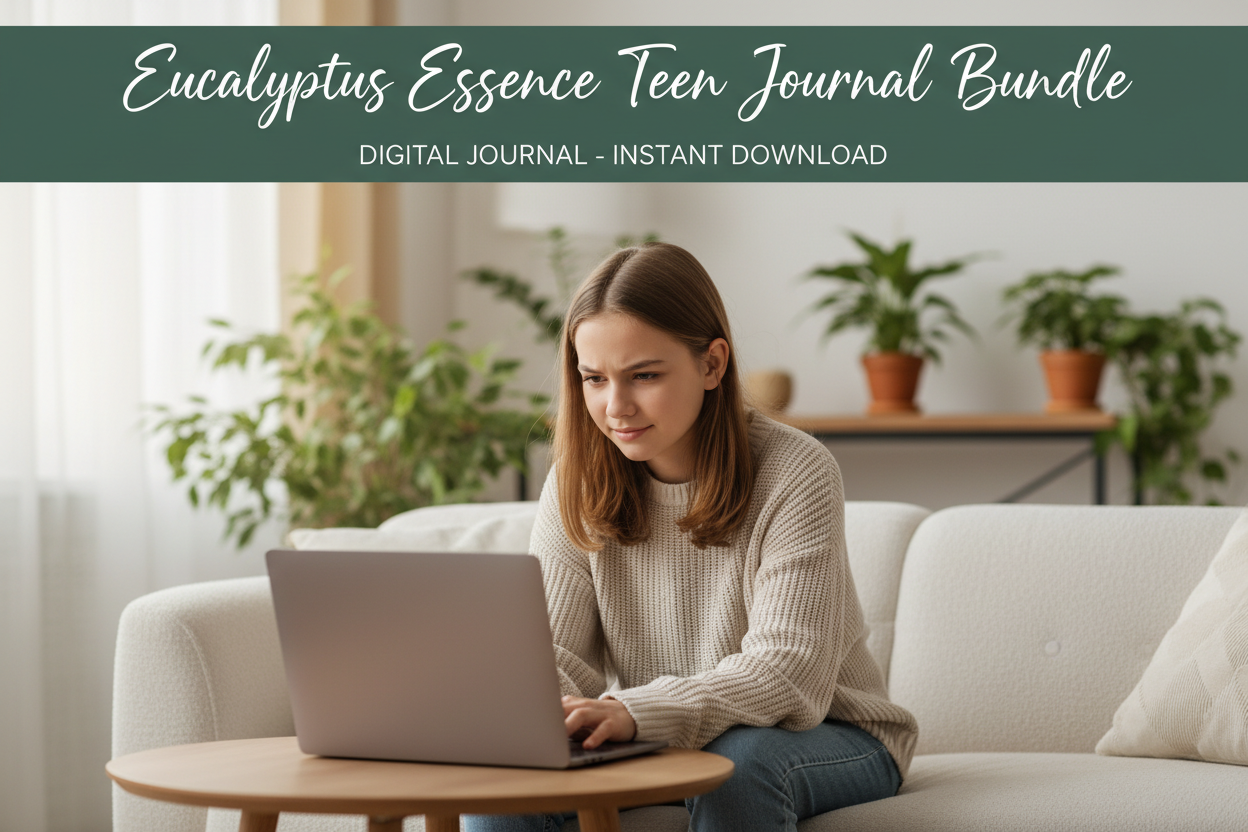 Young teenage girl using a laptop on a couch with plants in the background, promoting a digital journal bundle.