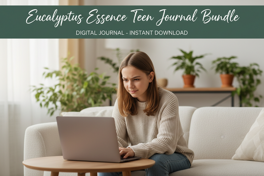 Young teenage girl using a laptop on a couch with plants in the background, promoting a digital journal bundle.