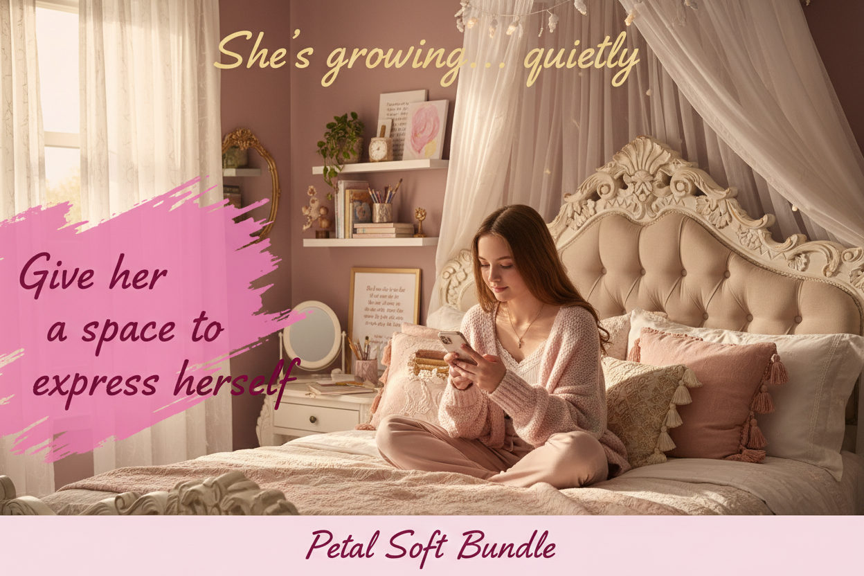 Young teenage girl sitting on a bed in a bedroom with decorative elements and text overlay.