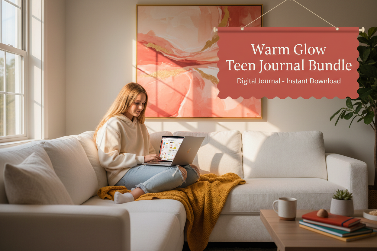 Woman using a laptop on a couch with a 'Warm Glow Teen Journal Bundle' promotional banner.