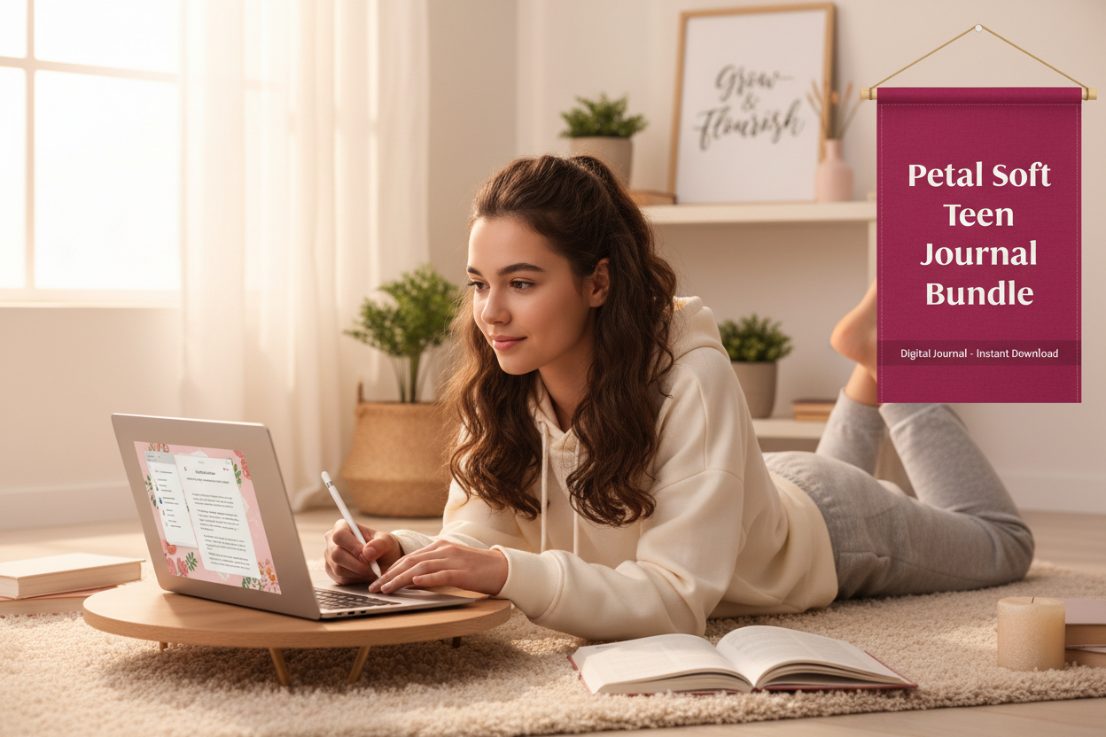 Young teenage girl using a laptop on a wooden stand in a cozy room with a 'Petal Soft Teen Journal Bundle' banner.