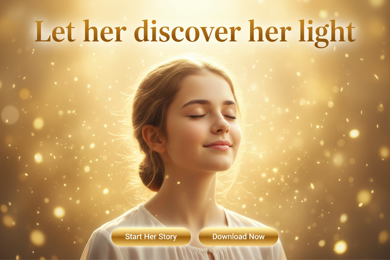 Woman with closed eyes against a golden background with text 'Let her discover her light'.