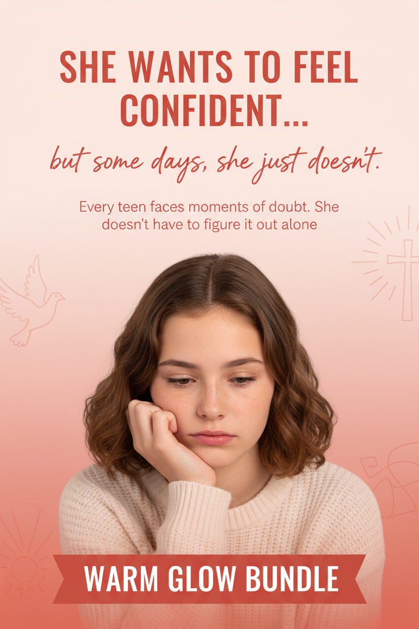 Young woman with thoughtful expression on a pink background with text about confidence and support for teens.