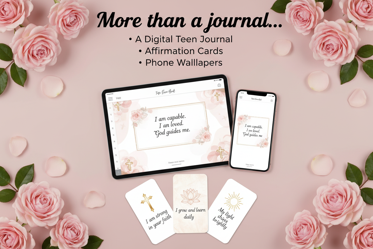 Digital teen journal, affirmation cards, and phone wallpapers with pink roses on a pink background