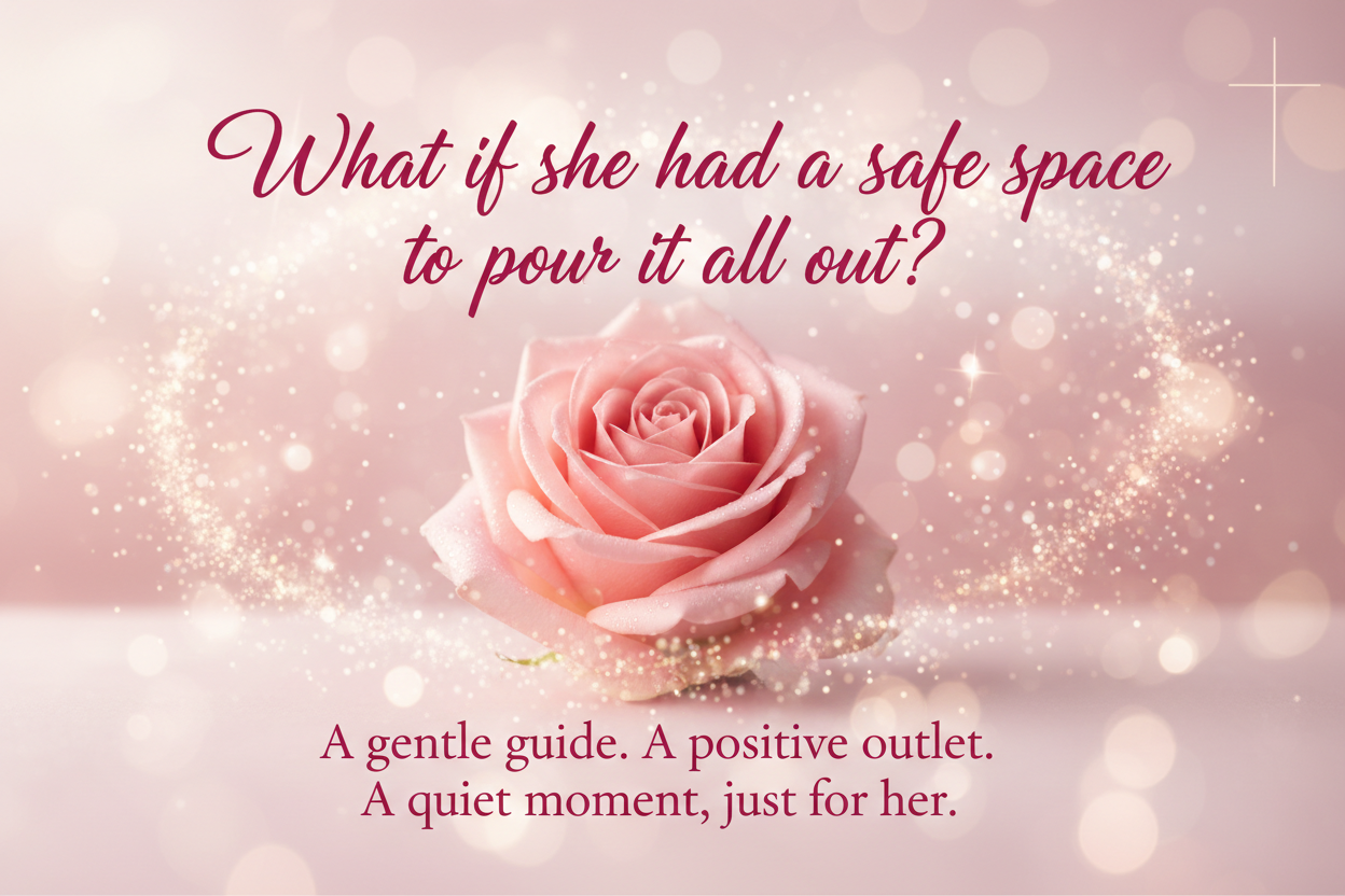 Pink rose on a soft pink background with text about a safe space.