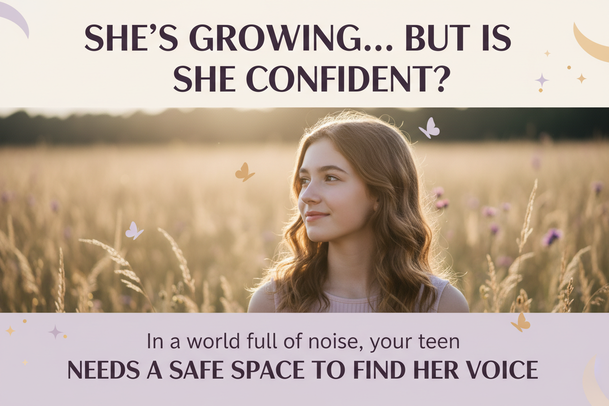 Young woman standing in a field with butterflies, accompanied by text about confidence and safe spaces.