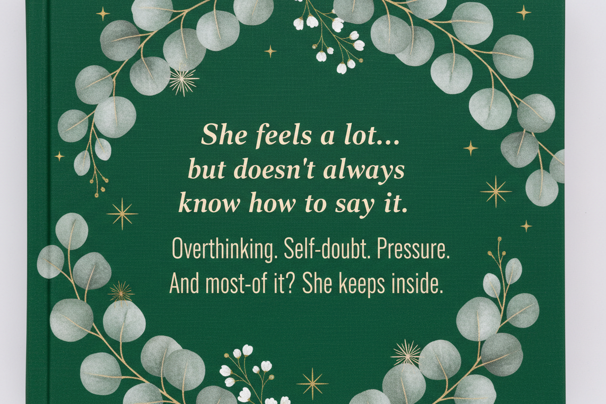 Green book cover with floral design and text about feelings and self-doubt.