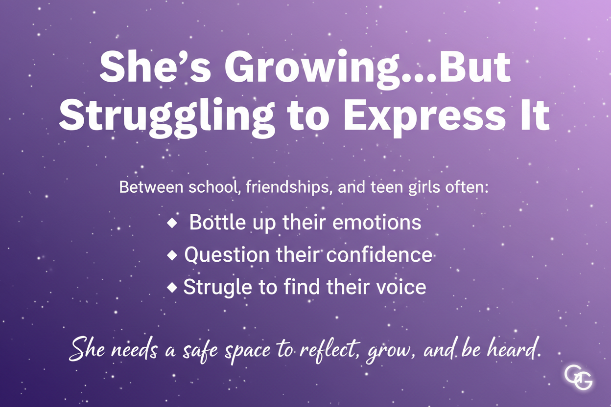 Purple background with text about teenage girls struggling to express emotions and find their voice.