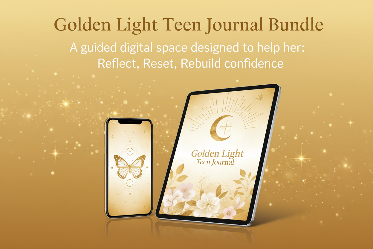 Promotional image of 'Golden Light Teen Journal Bundle' with tablet and phone on a gold background.