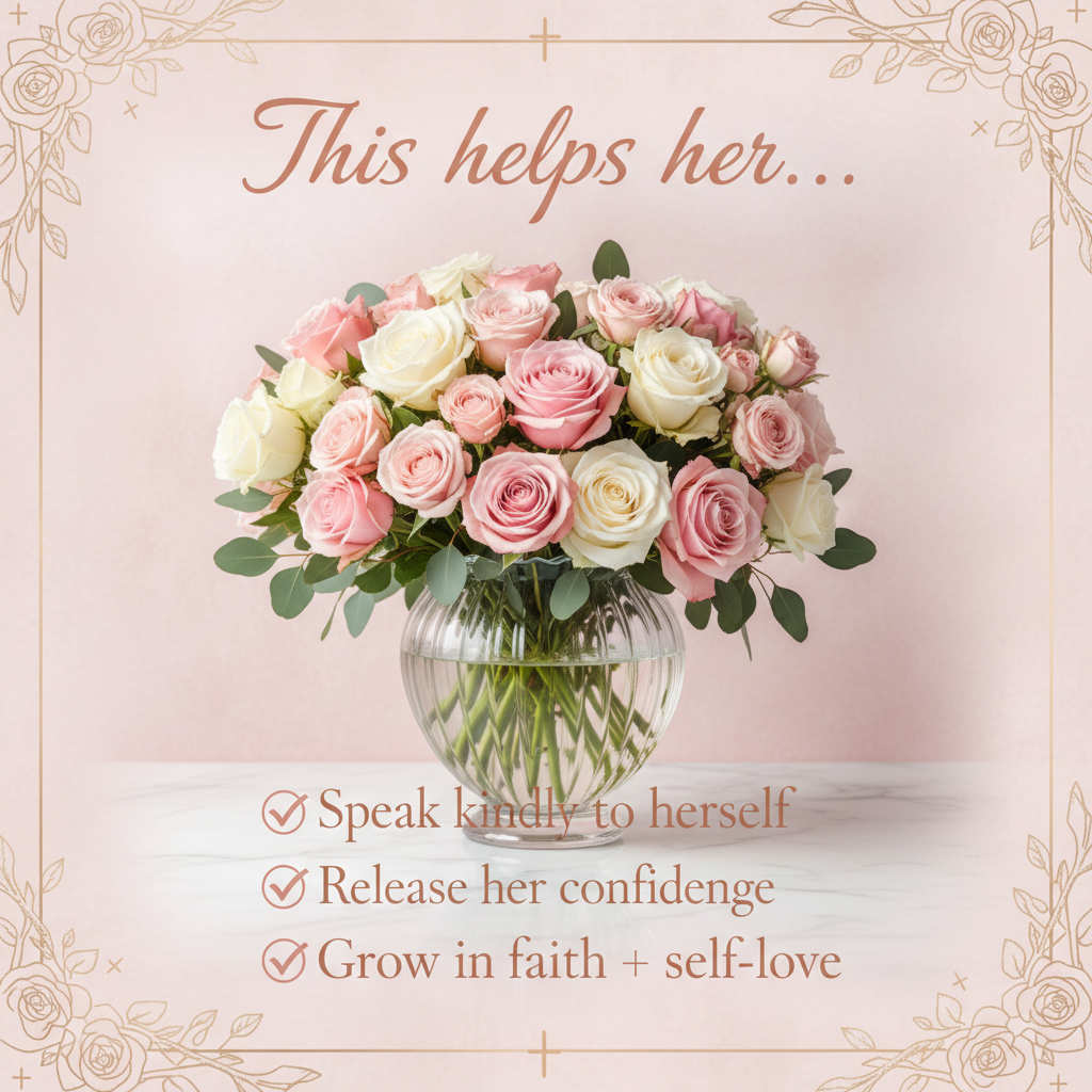 Bouquet of pink and white roses in a clear vase on a decorative background with text.