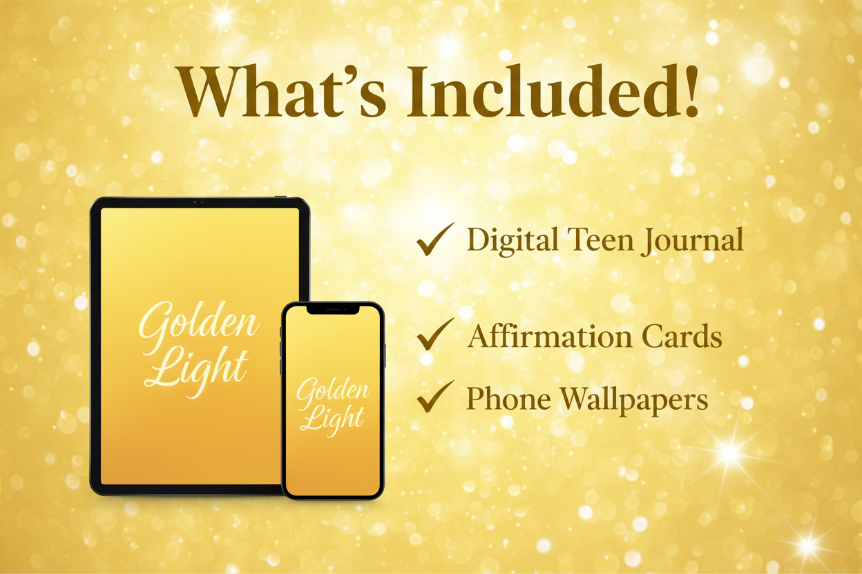 Promotional graphic for 'Golden Light' digital products on a gold background with tablet and phone icons.