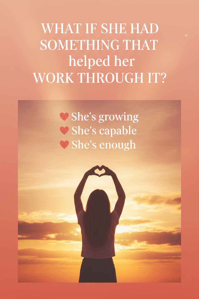 Person making heart shape with hands against sunset sky with motivational text