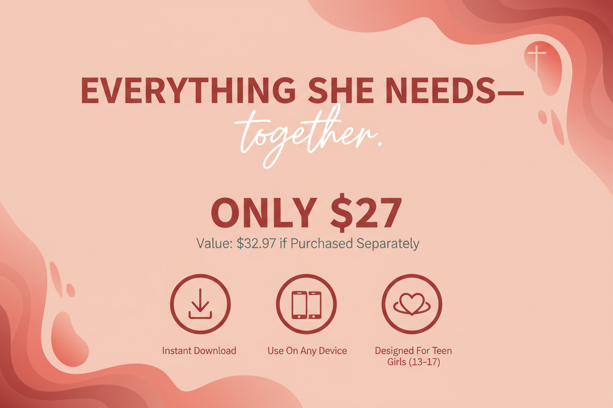 Promotional graphic for a product bundle with text and icons on a pink background