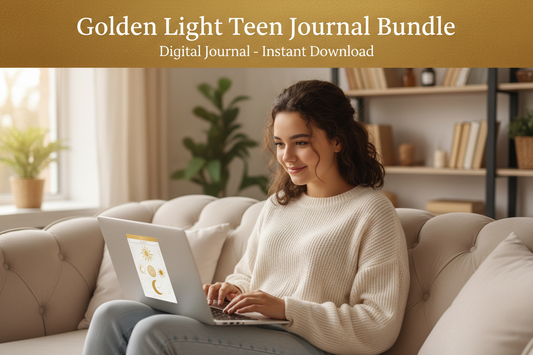 Young girl teenager using a laptop on a couch with a bookshelf in the background, promoting a digital journal bundle.